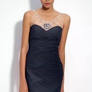 Adrianna Papell Niteline Embellished Neckline Navy Ruched Bodycon Dress